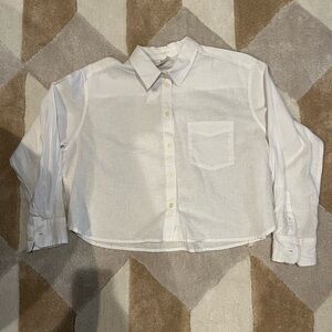 GAP Women's Cropped White Linen Cotton Blend Button Down Shirt